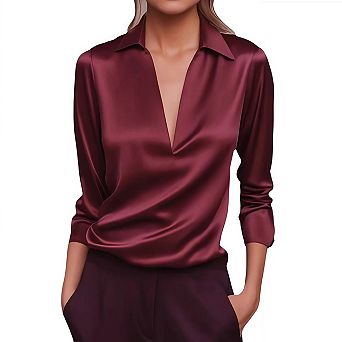 Women's Elegant Satin Silk Blouse Cowl Neck Ruched Front Draped Long Sleeve Work Office Shirt Top