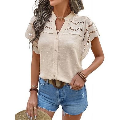 Women's Ruffle Sleeve Button Down Blouse Boho Swiss Dots Hollow Out Summer Shirts