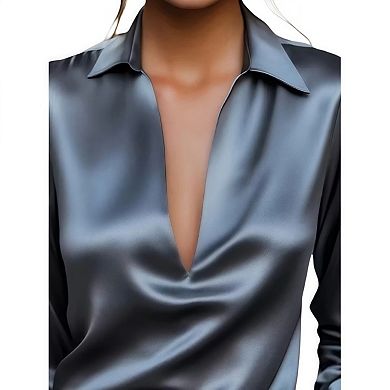 Women's Elegant Satin Silk Blouse Cowl Neck Ruched Front Draped Long Sleeve Work Office Shirt Top