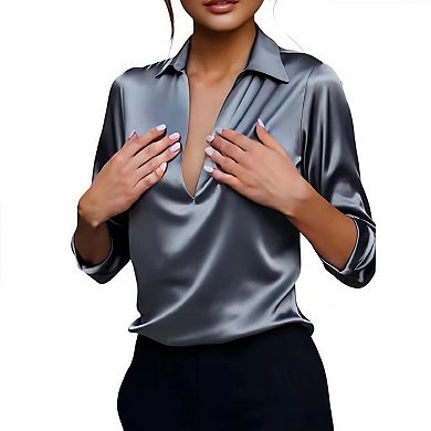 Women's Elegant Satin Silk Blouse Cowl Neck Ruched Front Draped Long Sleeve Work Office Shirt Top