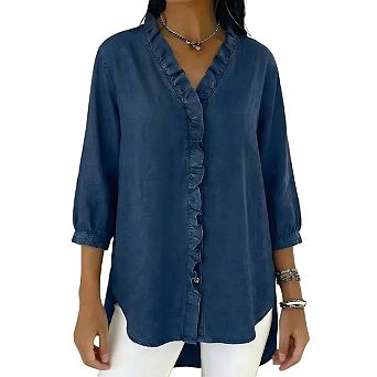 Womens Denim Shirt Button Down 3/4 Sleeve Ruffled Edge Jean Blouses Tops