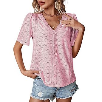 Womens Summer Tops V Neck Short Sleeve T Shirts Trendy Eyelet Blouses Cute Buttons Up Tunics Tee