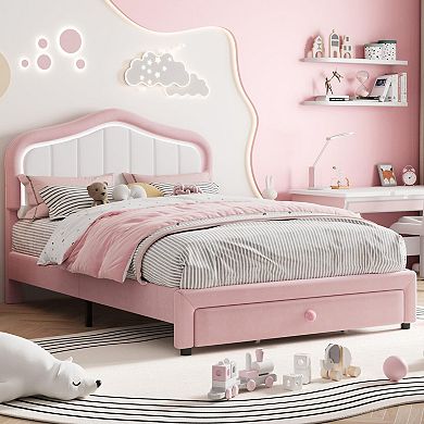 Upholstered Twin Platform Bed Frame with LED Lights & Storage Drawer Soft Headboard