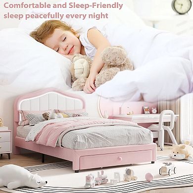 Upholstered Twin Platform Bed Frame with LED Lights & Storage Drawer Soft Headboard