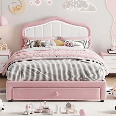 Upholstered Twin Platform Bed Frame with LED Lights & Storage Drawer Soft Headboard