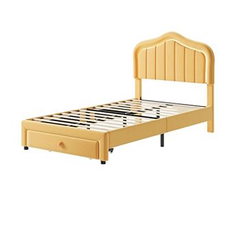 Upholstered Twin Platform Bed Frame with LED Lights & Storage Drawer Soft Headboard