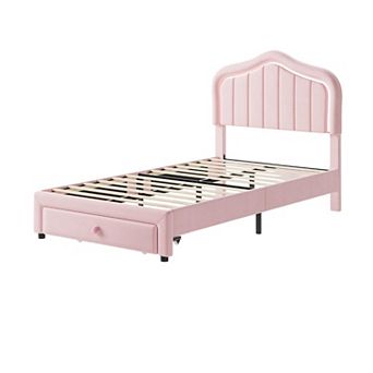 Upholstered Twin Platform Bed Frame with LED Lights & Storage Drawer Soft Headboard