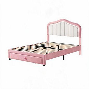 Upholstered Twin Platform Bed Frame with LED Lights & Storage Drawer Soft Headboard