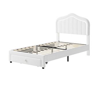 Upholstered Twin Platform Bed Frame with LED Lights & Storage Drawer Soft Headboard