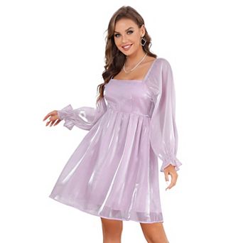 Women's Square Neck Sheer Puff Sleeve Mini Dress, Smocked Back Casual Dress