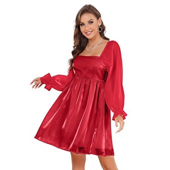 Women's Square Neck Sheer Puff Sleeve Mini Dress, Smocked Back Casual Dress