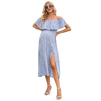 Maternity Off-the-Shoulder Ruffle Floral Maxi Dress, Side Slit Casual Dress