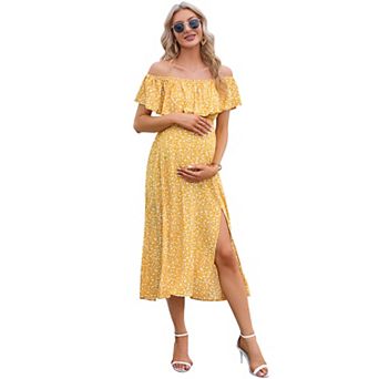 Maternity Off-the-Shoulder Ruffle Floral Maxi Dress, Side Slit Casual Dress