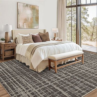 Modern Plaid Washable Runner Rug, No Slip Low Pile Geometric Carpet for Entryway Kitchen Living Room