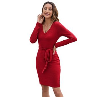 Women's V-Neck Long Sleeve Ribbed Bodycon Dress, Belted Midi Dress