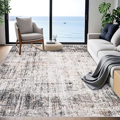 Vintage Low Pile Area Rug Distressed Abstract, Soft Machine Washable Non-Slip Carpet for Living Room