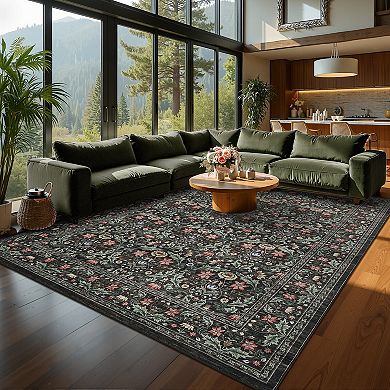 Washable Runner Rug Non-Slip, Low Pile, Vintage Floral Carpet, Soft, Mark Resistant