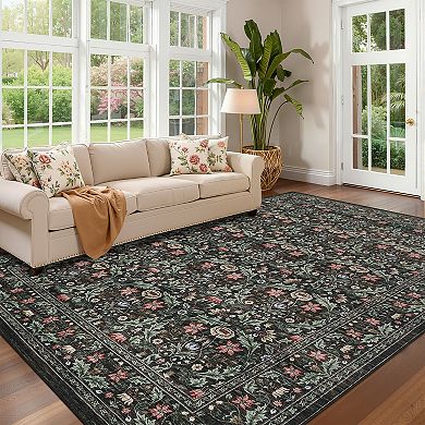 Washable Runner Rug Non-Slip, Low Pile, Vintage Floral Carpet, Soft, Mark Resistant