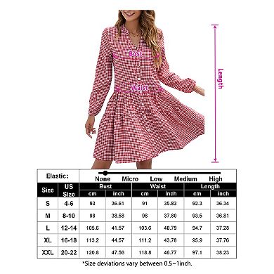 Women's V-Neck Long Sleeve Gingham Tiered Dress, Button Front Casual Dress