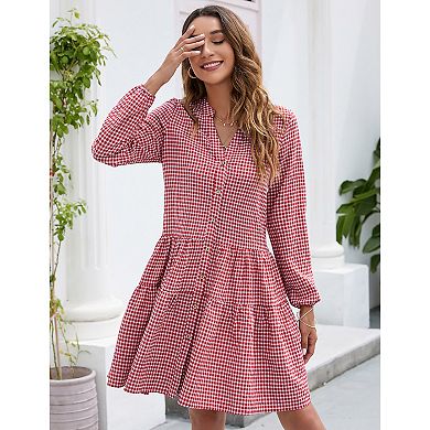 Women's V-Neck Long Sleeve Gingham Tiered Dress, Button Front Casual Dress
