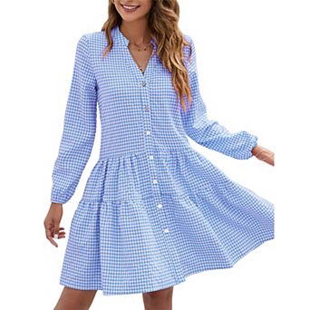Women's V-Neck Long Sleeve Gingham Tiered Dress, Button Front Casual Dress