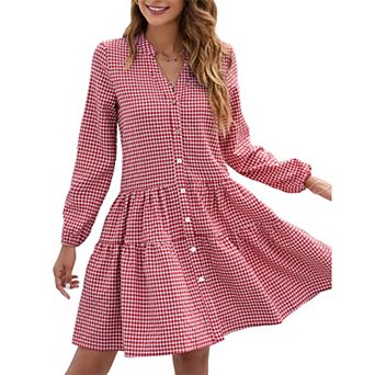 Women's V-Neck Long Sleeve Gingham Tiered Dress, Button Front Casual Dress