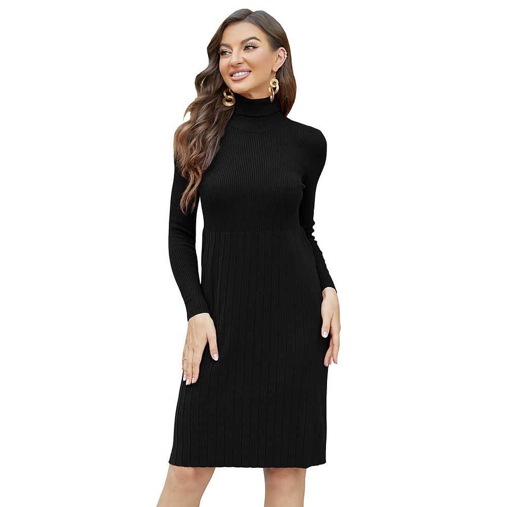 Women's Turtleneck Long Sleeve Ribbed Knit Midi Dress, Casual Sweater Dress