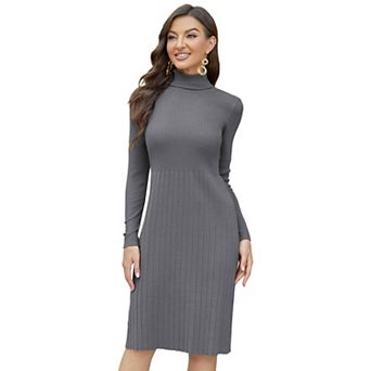 Women's Turtleneck Long Sleeve Ribbed Knit Midi Dress, Casual Sweater Dress