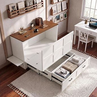 Queen Murphy Cabinet Bed Charging Station and Drawer, Space-Saving Cabinet Bed for Guest Room