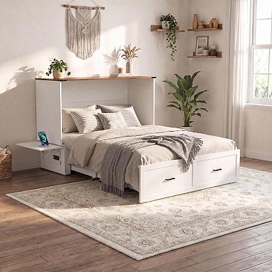 Queen Murphy Cabinet Bed Charging Station and Drawer, Space-Saving Cabinet Bed for Guest Room