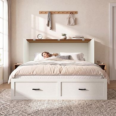 Queen Murphy Cabinet Bed Charging Station and Drawer, Space-Saving Cabinet Bed for Guest Room