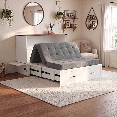 Queen Murphy Cabinet Bed Charging Station and Drawer, Space-Saving Cabinet Bed for Guest Room