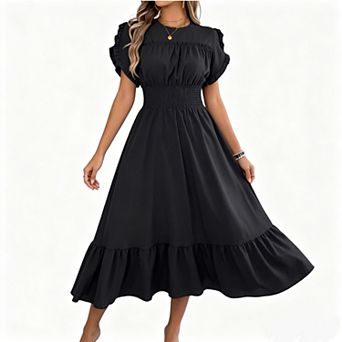 Women's Ruffle Short Sleeve Midi Dress, Smocked Waist Tiered Flowy A Line Long Dress