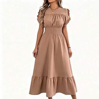 Women's Ruffle Short Sleeve Midi Dress, Smocked Waist Tiered Flowy A Line Long Dress