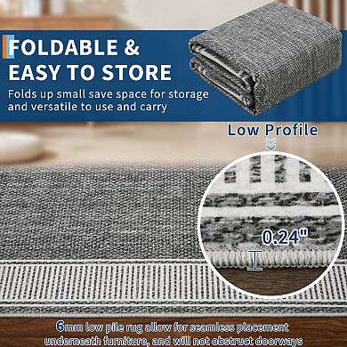 Modern Stripe Edged Washable Area Rug, Non-Slip Soft Low Pile Stain Resistant Carpet for Living Room