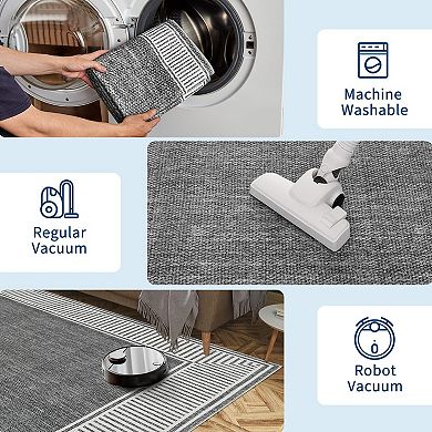 Modern Stripe Edged Washable Area Rug, Non-Slip Soft Low Pile Stain Resistant Carpet for Living Room