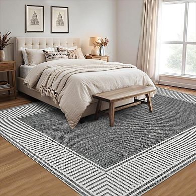 Modern Stripe Edged Washable Area Rug, Non-Slip Soft Low Pile Stain Resistant Carpet for Living Room