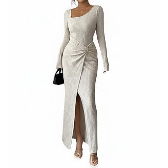 Women's Ribbed Knit Maxi Dress Long Sleeve Asymmetric Neck Bodycon Gown