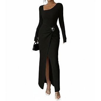Women's Ribbed Knit Maxi Dress Long Sleeve Asymmetric Neck Bodycon Gown