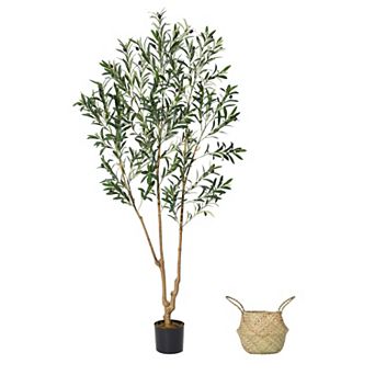 6FT Artificial Olive Tree with Woven Basket, Faux Olive Plant with Silk Leaves & Realistic Fruits