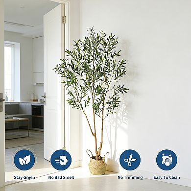 6FT Artificial Olive Tree with Woven Basket, Faux Olive Plant with Silk Leaves & Realistic Fruits