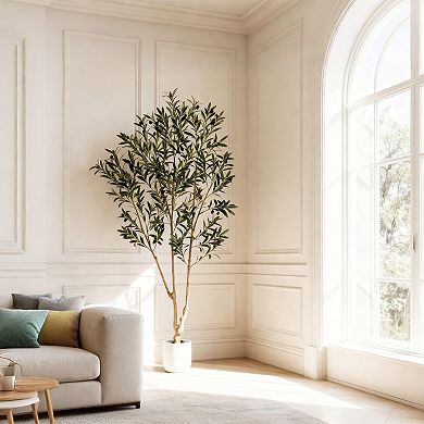 6FT Artificial Olive Tree with Woven Basket, Faux Olive Plant with Silk Leaves & Realistic Fruits