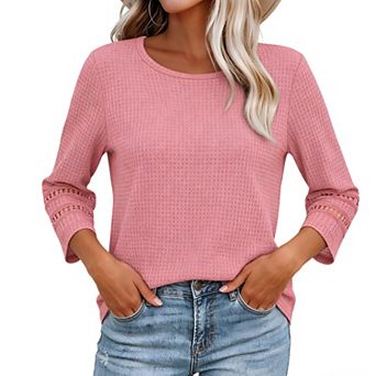 Women's Waffle Knit Tunic Top 3/4 Sleeve Blouse with Lace Hollow Out Cuffs