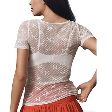 Women's Sheer Mesh Short Sleeve Top Bow Print Round Neck Semi-Sheer Layering Blouse