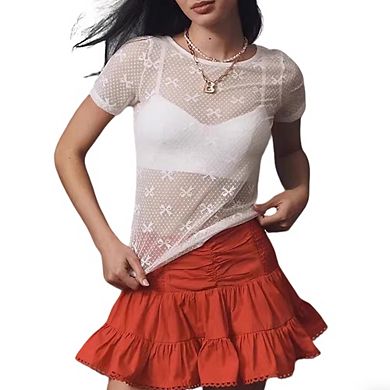 Women's Sheer Mesh Short Sleeve Top Bow Print Round Neck Semi-Sheer Layering Blouse