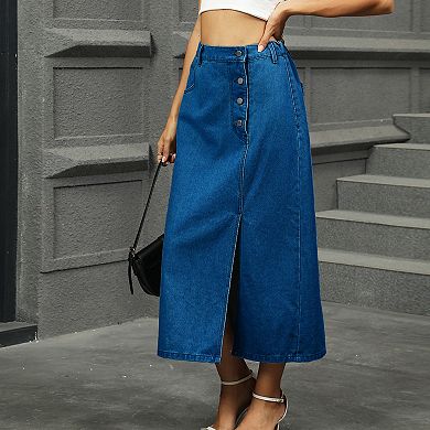 Women's High Waist Button Front Denim Midi Skirt Casual Split Hem A Line Jean Skirt with Pockets