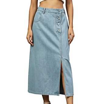 Women's High Waist Button Front Denim Midi Skirt Casual Split Hem A Line Jean Skirt with Pockets