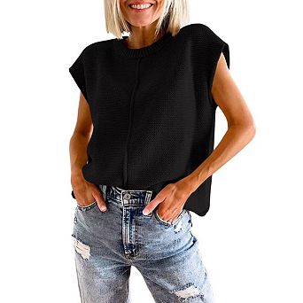 Women's Cap Sleeve Sweater Vests Casual Knit Crew Neck Sleeveless Tank Tops Pullover Sweaters