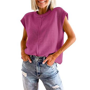 Women's Cap Sleeve Sweater Vests Casual Knit Crew Neck Sleeveless Tank Tops Pullover Sweaters