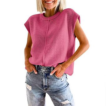 Women's Cap Sleeve Sweater Vests Casual Knit Crew Neck Sleeveless Tank Tops Pullover Sweaters